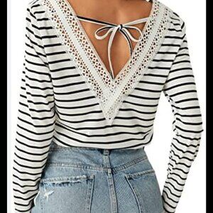 Shein Guipure Lace Tie Back Contrast Striped Shirt Crochet Trim Black White